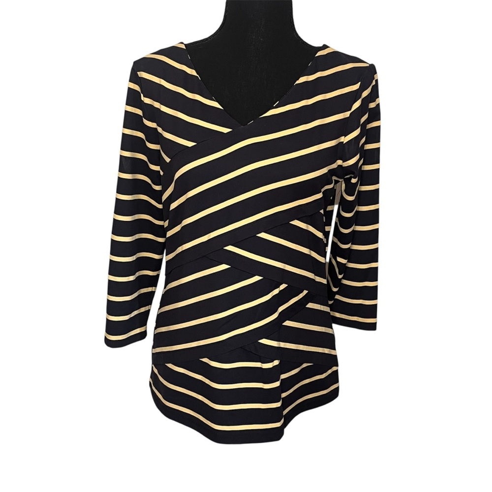 J McLaughlin Sz M Black Gold Crossover Striped Nicola Top Catalina Cloth